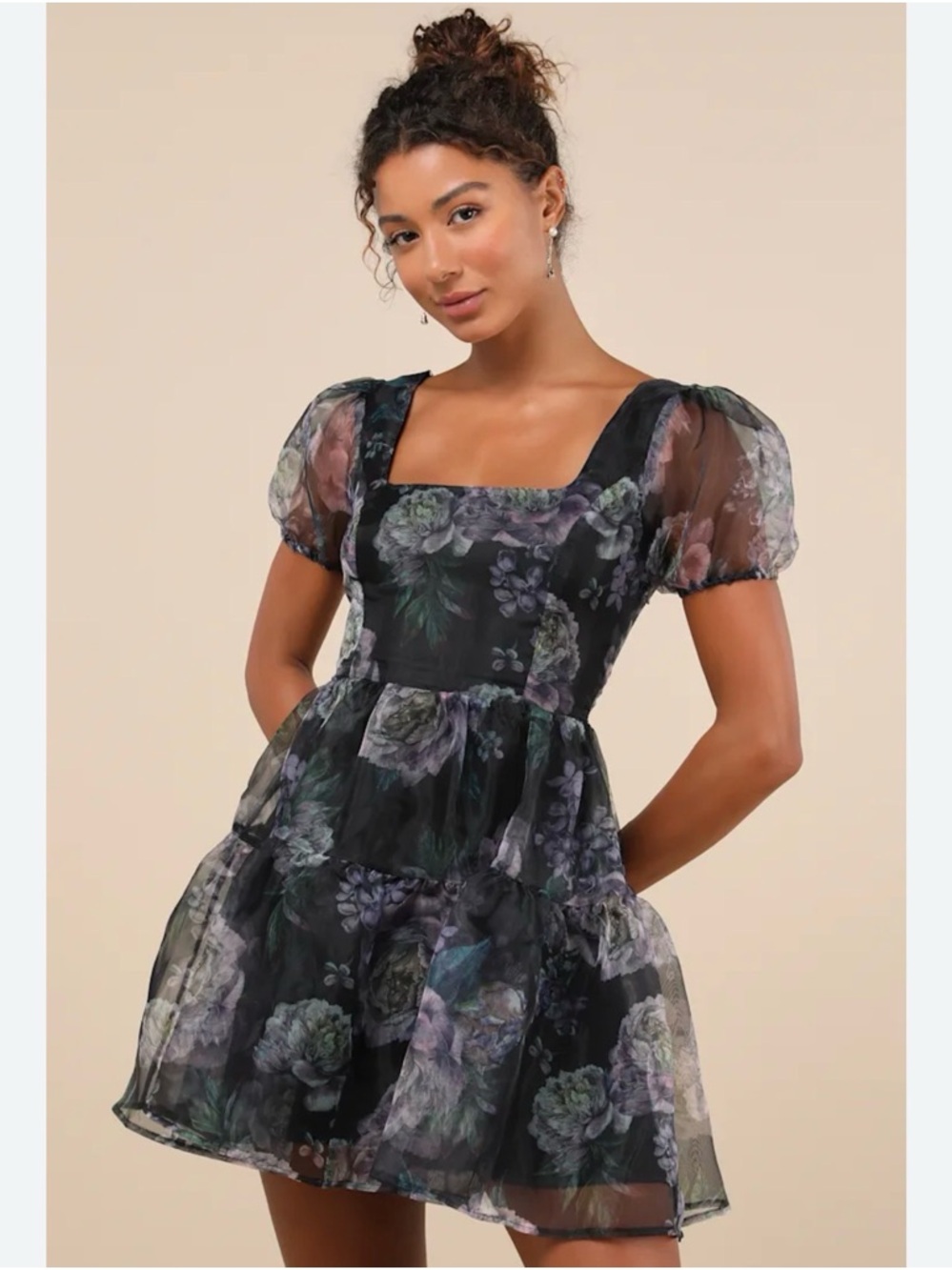 Lulu’s Exceptional Fate Black Floral Organza Puff Sleeve Mini Dress, size Large